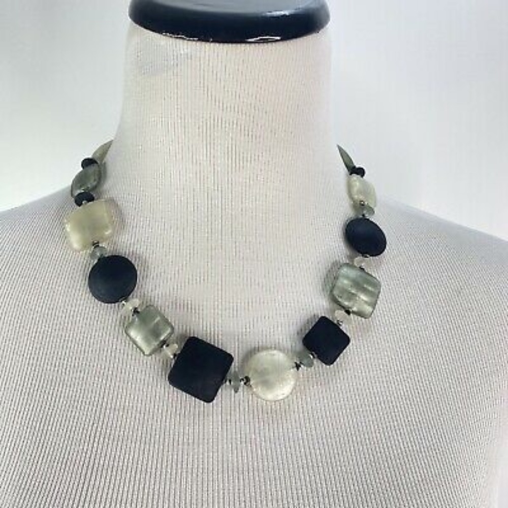 Glass Square Circle Black Statement Necklace Ital… - image 1
